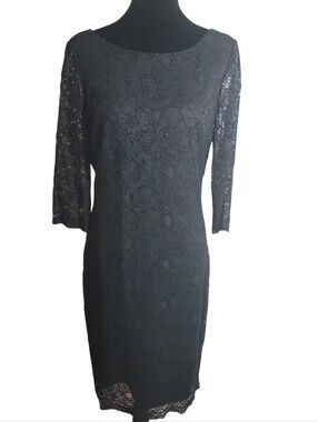 Banana Republic black lace Long sheath dress women's size 6 3/4 sleeve